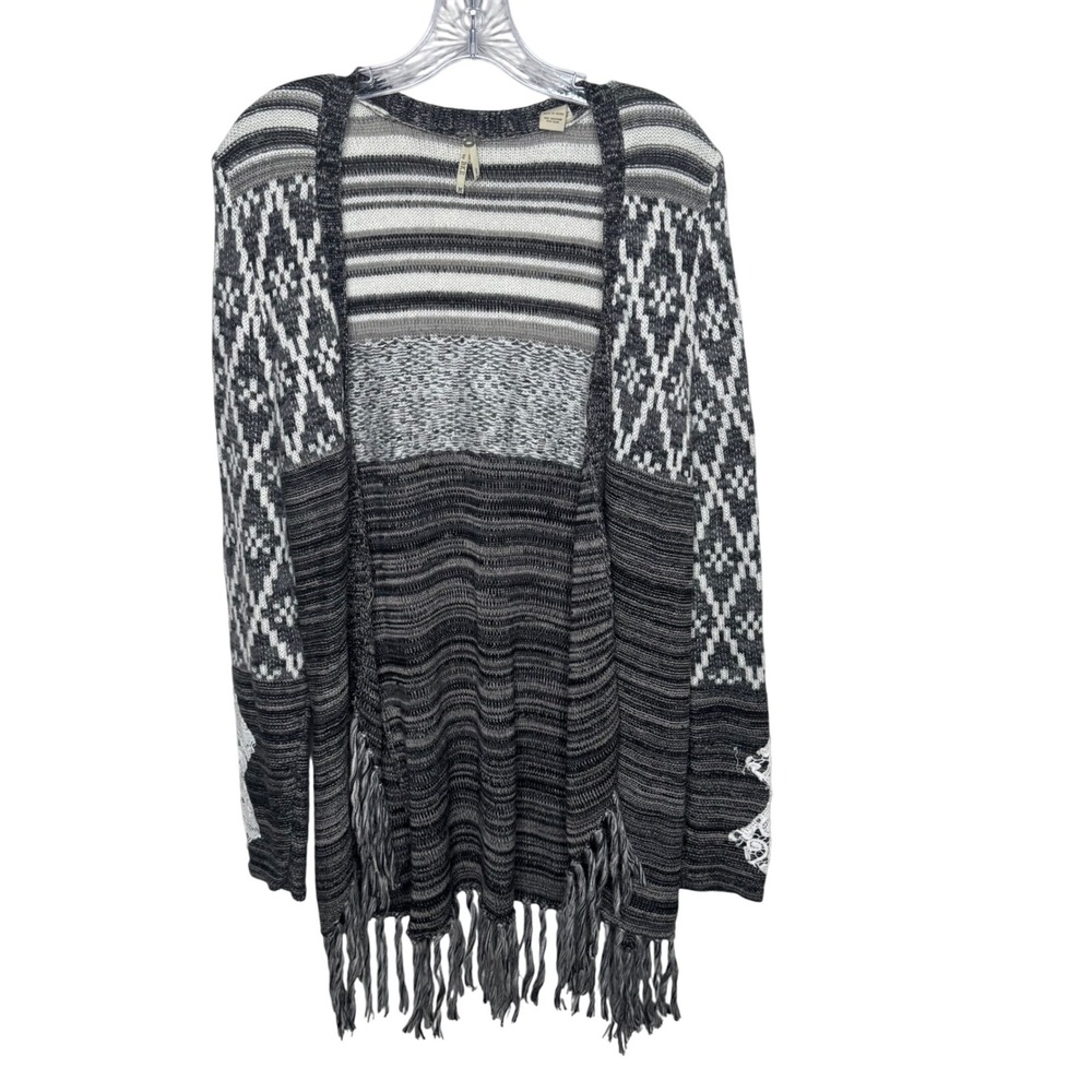 BKE Black White Gray Striped Geometric‎ Fringe Lace Cardigan Sweater Women's M